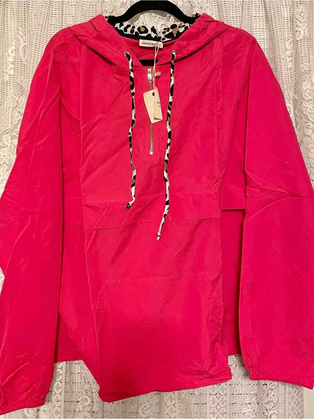 And The Why Hot Pink Hooded Wind Breaker Hoodie with Leopard Trim